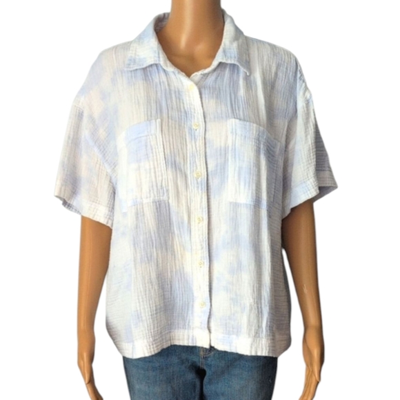 Joe Fresh Cotton Light Blue & White Button Down Boxy Top SZ XL - Picture 2 of 13